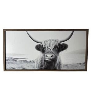 Highland Cow Framed Canvas Wall Art Black White 32x16